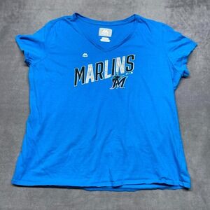 Majestic Miami Marlins Baseball Shirt Women's 2XL Blue Graphic Print V-Neck